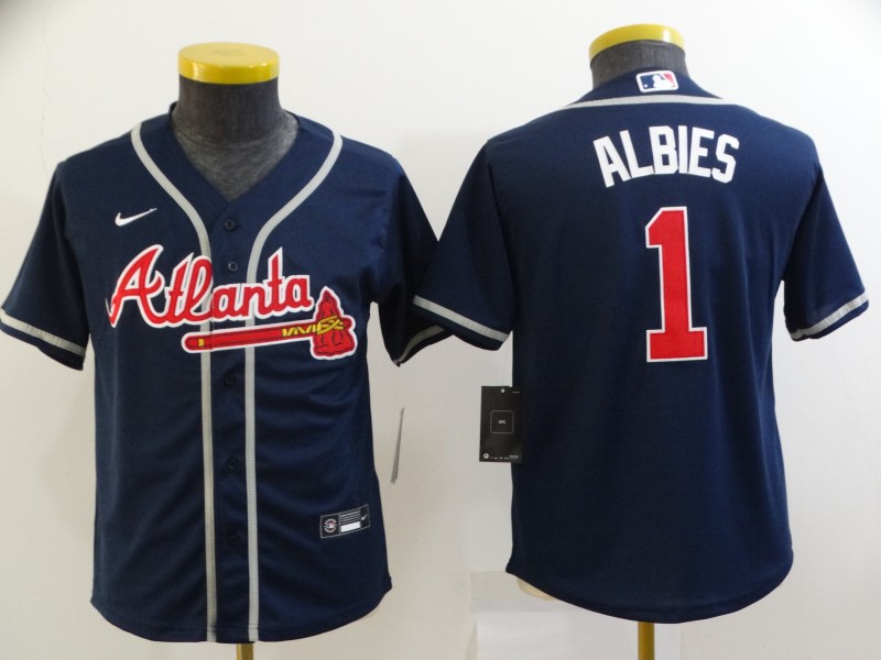 2021 youth Atlanta Braves 1 Albies Blue Game MLB Jerseys